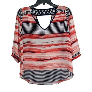 IZ Byer Top Women's Medium Coral Navy White V-Neck Back Cutout 3/4 Sleeve Sz. M